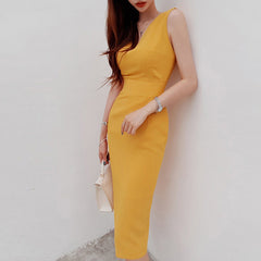 Yellow v-neck sleeveless bodycon dresses