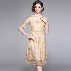 Yellow square neck embroidered lace skater?dresses