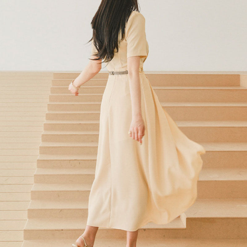 Apricot crew neck belted chiffon a-line dresses