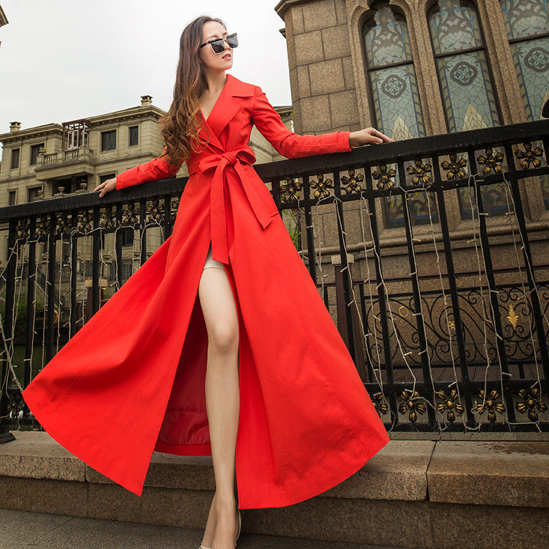 Women's red long trech coat