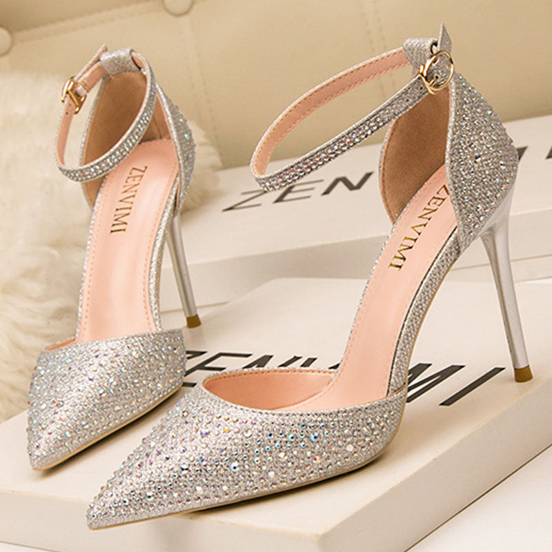 Ankle strap rhinestone pointed toe high heel sandals