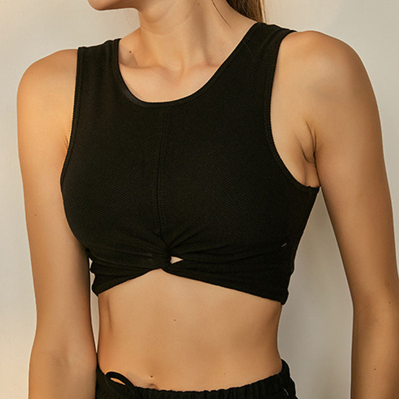 Crew neck knot crop quick-dry ribbed sports bras