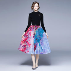 Women's long sleeve knit top & floral midi skirts