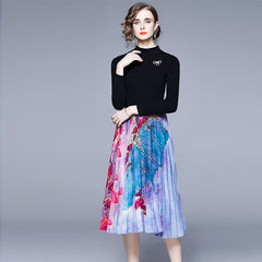 Women's long sleeve knit top & floral midi skirts