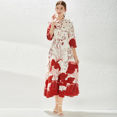 3/4 Sleeve ribbon red print boho long dresses