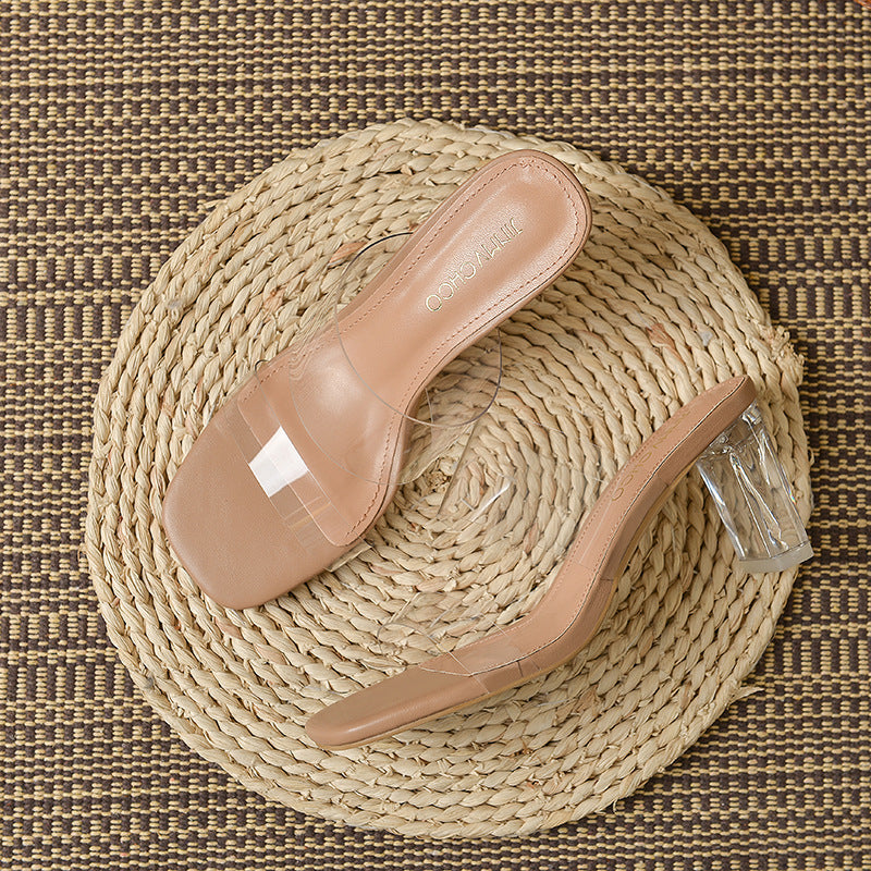 Transparent crystal heels mules sandals