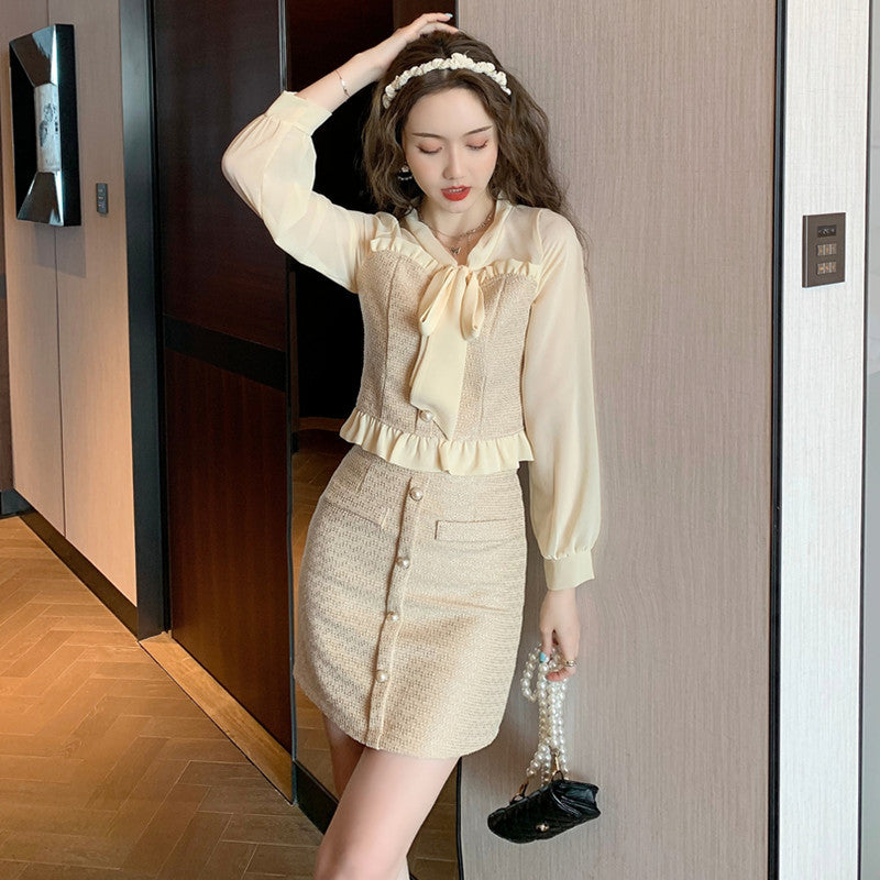 Sweet lettuce tie neck coat and bodycon skirts suits