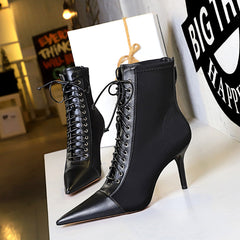 Women's pointed toe lace up heels boots
