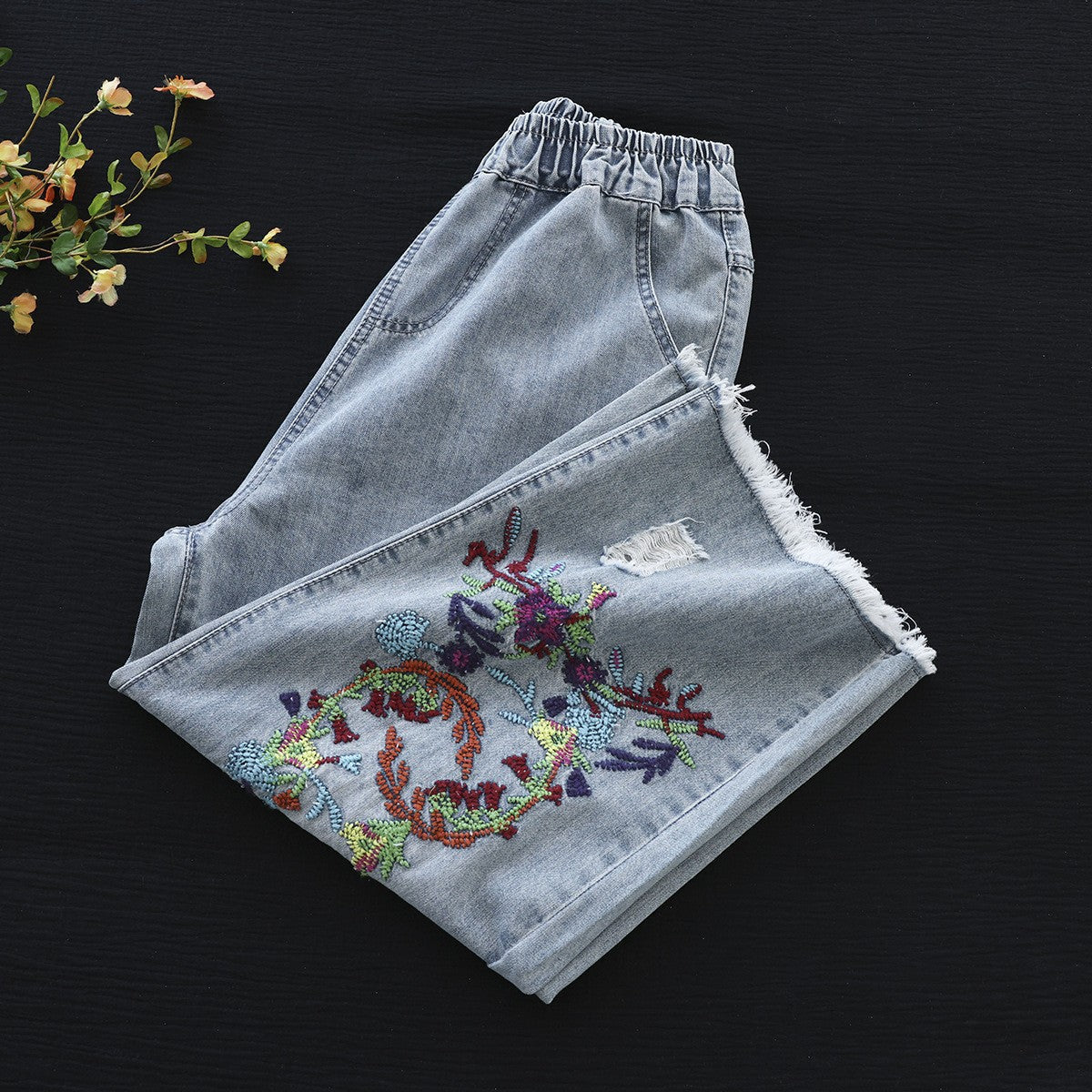Casual embroidered fuzzy trim baggy jeans for women