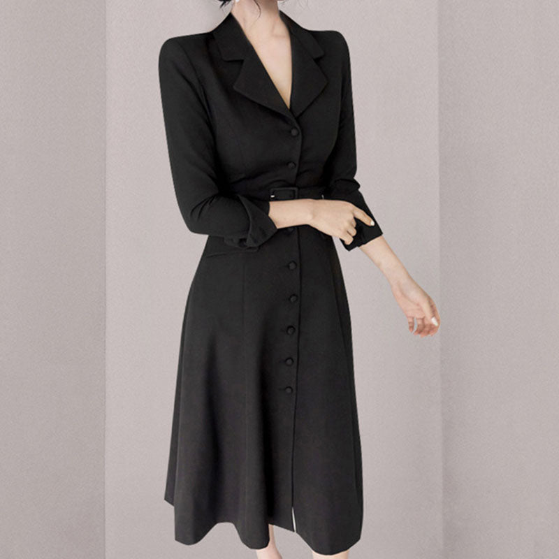 3/4 sleeve single-breasted belted a-line midi blazer dresses