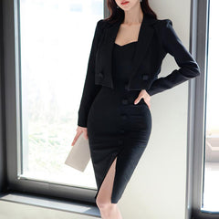 Stylish solid lapel long sleeve blazers and slim button split strap dresses suits